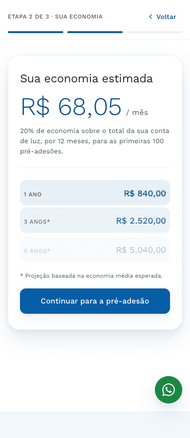 EnergyHub no celular, economia estimada por mês e a projeção em um, três e seis anos antes da pré-adesão