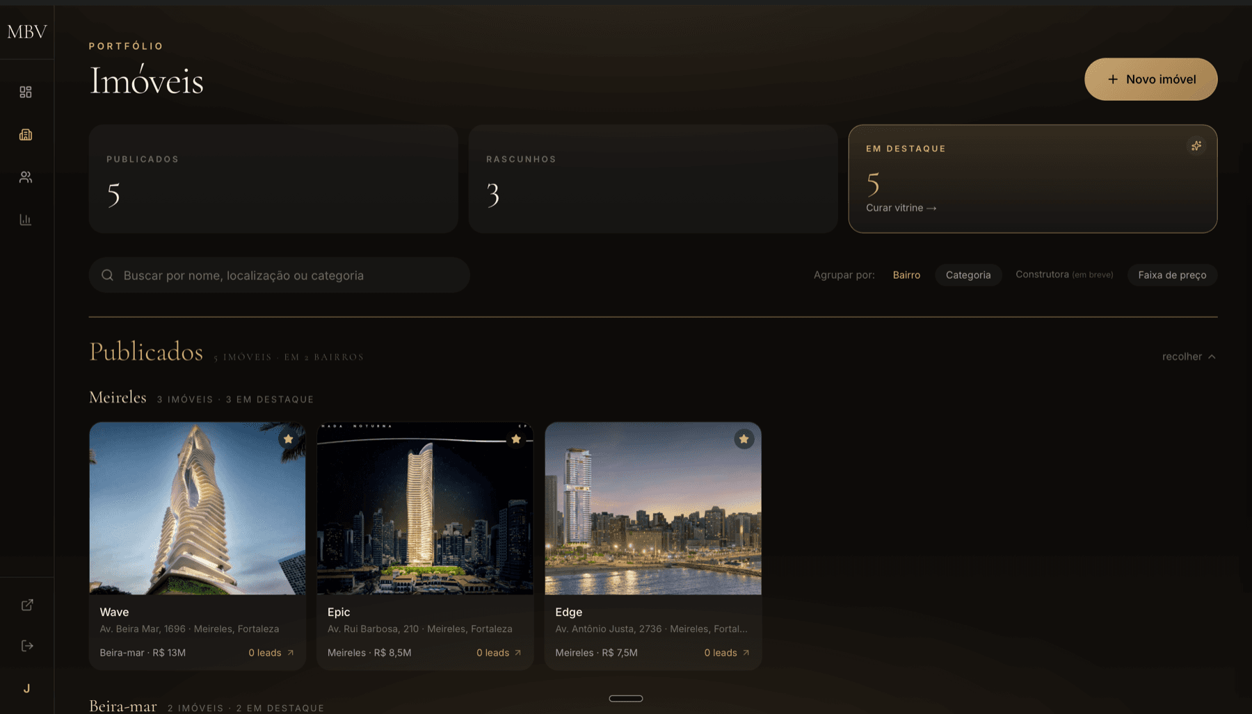 MBV Imóveis, painel interno de imóveis com publicados, rascunhos e destaques da vitrine